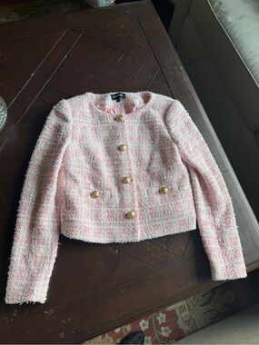 Express Pink Tweed Cropped Blazer with Gold Buttons